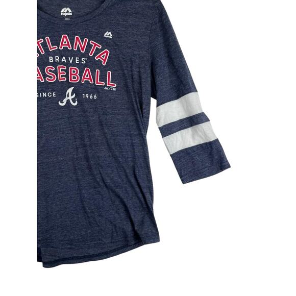 Majestic Atlanta Braves Women's Baseball T-Shirt Large Navy Striped Sleeves - Picture 7 of 7